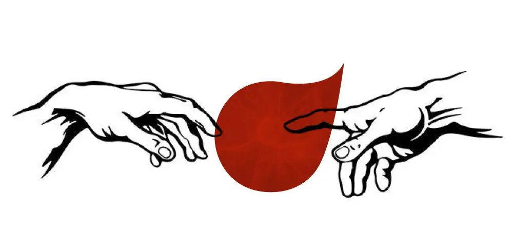 Due mani si incontrano attraverso il simbolo rosso di Studio Nicolussi.